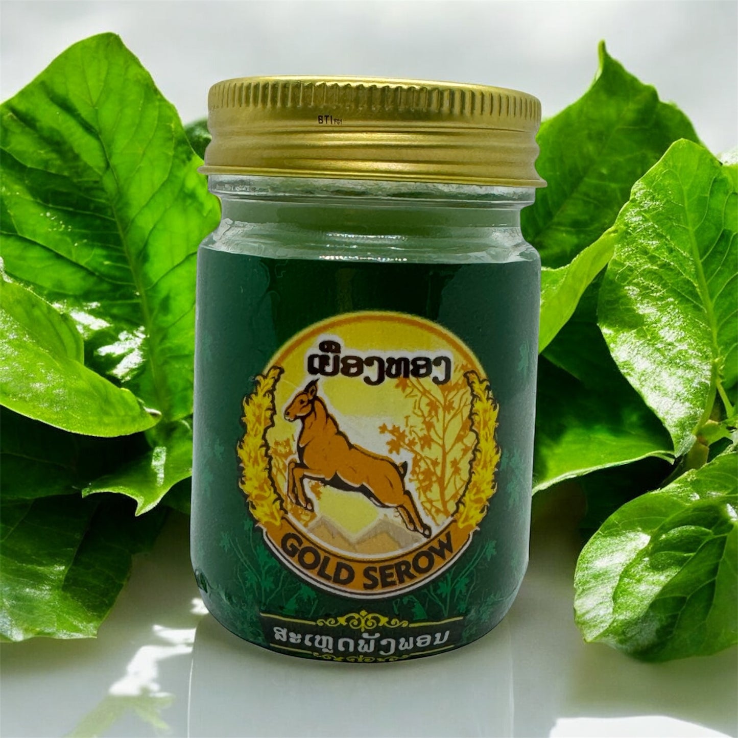 Gold Serow Laos Herbal Ointment Balm 50g (Green) Salve on Itchy Skin from Insect Bites and Tense Muscles
