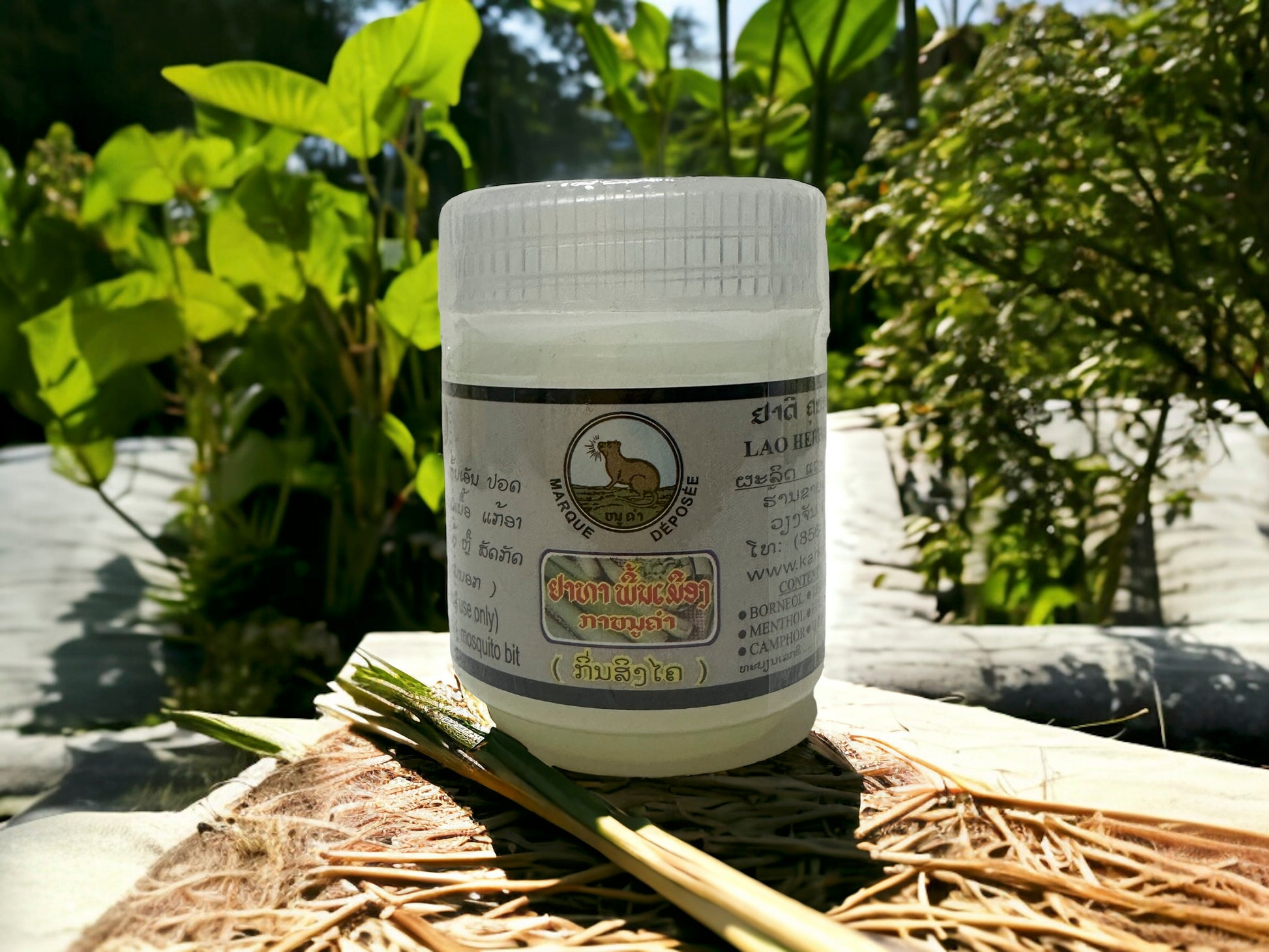 A bottle of KanouKham Ya Lao Herbal Massage 50ml Essential Lemongrass Oil Ointment Balm for Arthritis Muscular Pain and Insect Bite Relief, placed on a wooden surface with a plant background.