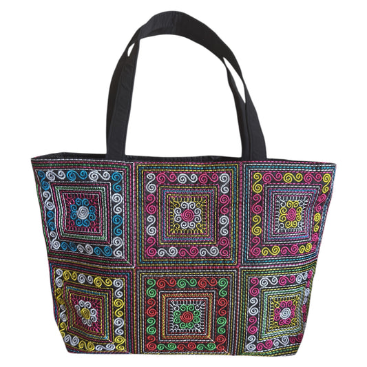 Luang Prabang Multi-Colors Vibrant Hand Embroidery Handcrafted Black Tote Bag