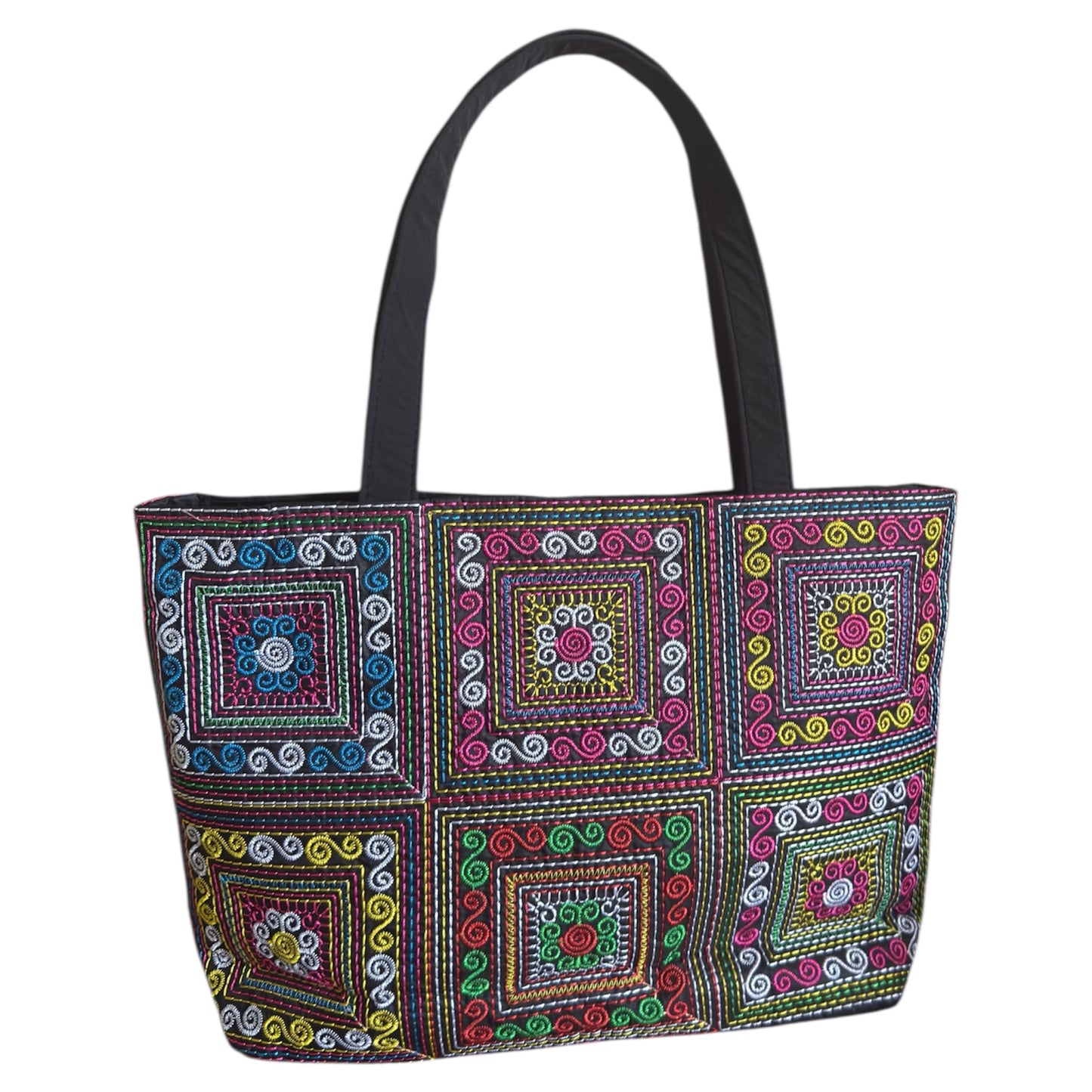 Luang Prabang Multi-Colors Vibrant Hand Embroidery Handcrafted Black Tote Bag