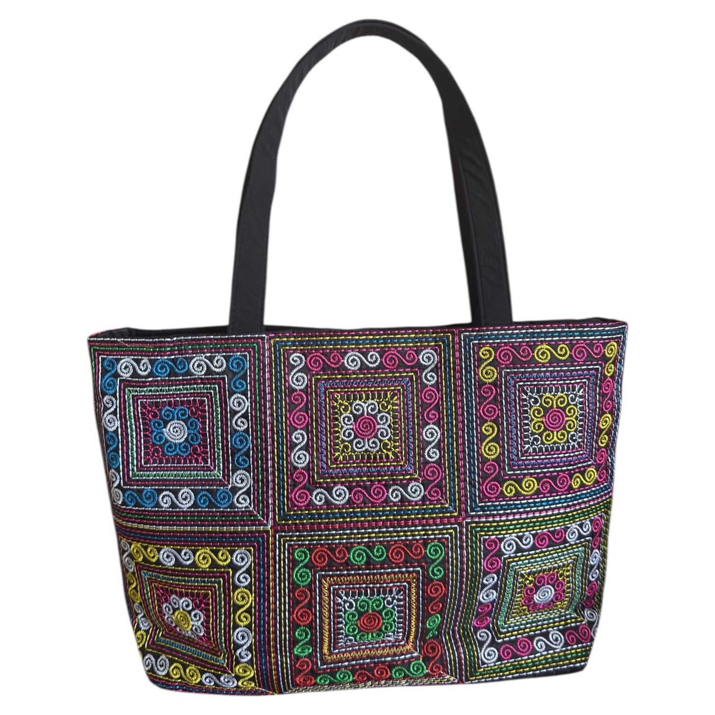 Luang Prabang Multi-Colors Vibrant Hand Embroidery Handcrafted Black Tote Bag