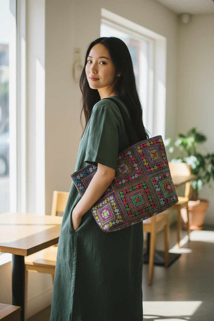 Luang Prabang Multi-Colors Vibrant Hand Embroidery Handcrafted Black Tote Bag