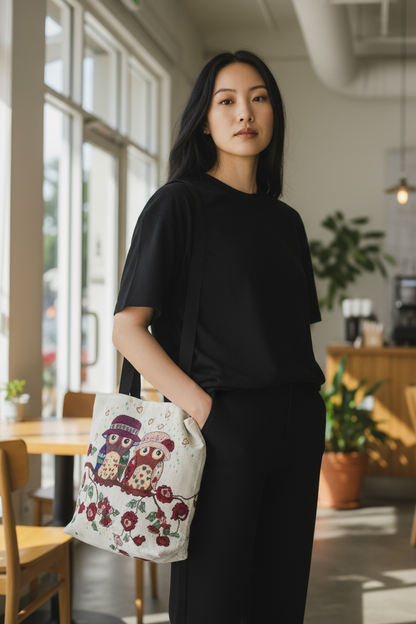 Luang Prabang Owl Folk Art Hand Embroidery Tote Bag