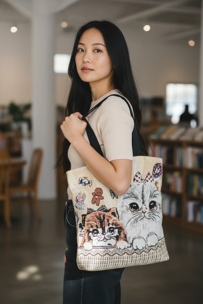 Luang Prabang Cat Folk Art Hand Embroidery Tote Bag