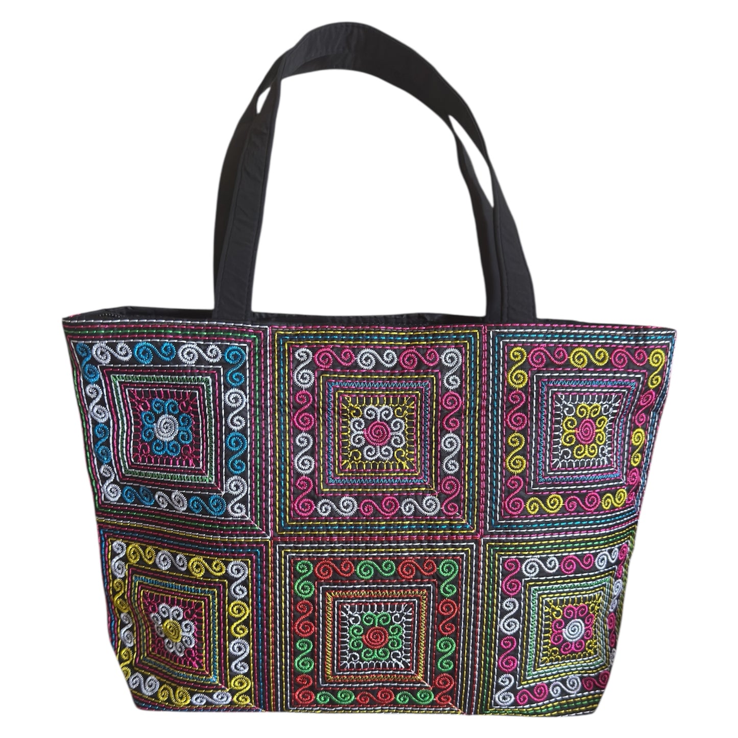 front view of multi colored mandala pattern luang prabang handbag